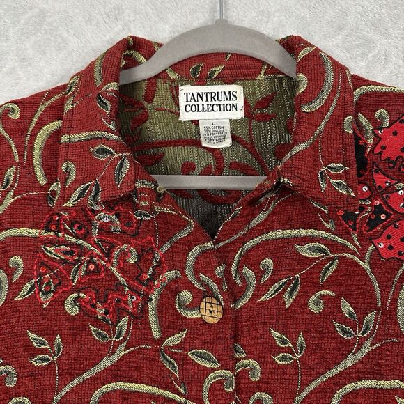 90s Vtg Tantrums Jacket Women Large Red Gold Tapestry Sequin Blazer Wearable Art - Picture 2 of 13